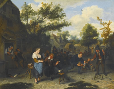 Cornelis Dusart : PEASANTS PLAYING SKITTLES BEFORE AN INN