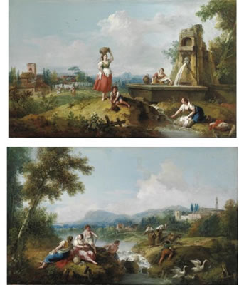 Francesco Zuccarelli : PAESAGGIO CON CONTADINE ALLA FONTANA PAESAGGIO CON CONTADINI PRESSO UN FIUME (pair)