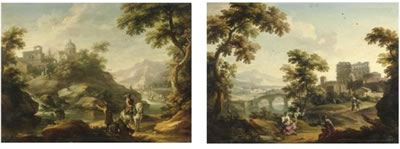 Vittorio Amedeo Cignaroli : PAESAGGIO CON CAVALIERE SU CAVALLO BIANCO PRESSO UN FIUME PAESAGGIO CON ROVINE ANTICHE E UNA DAMA (pair)