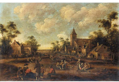 Cornelis Droochsloot : VILLAGE SCENE WITH CROWDS OF FIGURES BEFORE A CHURCH