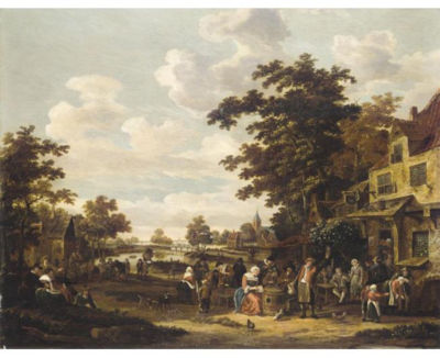 Rutger Verburgh : A VILLAGE LANDSCAPE WITH REVELLERS OUTSIDE AN INN