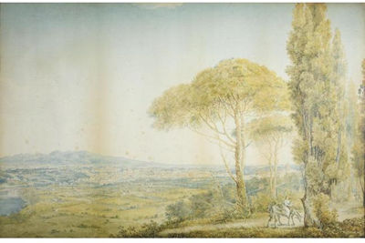 Franz Keisermann : A VIEW OF ROME, FROM THE VILLA MADAMA, WITH ST. PETER'S SEEN THROUGH TREES TO THE RIGHT, AND THE TIBER TO THE LEFT