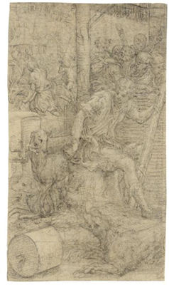 Giulio Campi : A YOUNG SHEPHERD SEATED ON A TREE TRUNK, THREE DOGS BESIDE HIM, FIGURES BEYOND AND HOUSES IN THE BACKGROUND