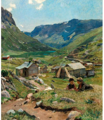 Eilif Emanuel Peterssen : SOMMERDAG, UTSIKT OVER DALEN VED SKOGSTAD (SUMMER DAY: VIEW OF THE VALLEY AT SKOGSTAD)