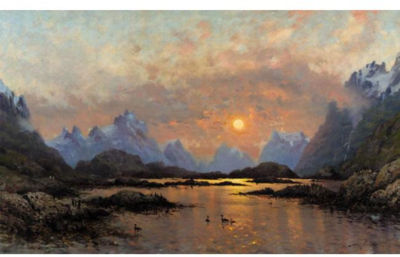 Frithjof Smith-Hald : SOLNEDGANG OVER ET FJELLVANN (SUNSET OVER A MOUNTAIN LAKE)