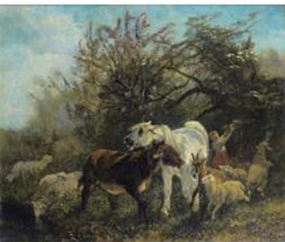 Giuseppe Palizzi : ENFANT ET MOUTONS DANS LA CAMPAGNE