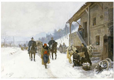 Edouard Castres : LANDSCAPE IN WINTER WITH JUGGLERS, DANCING BEARS AND GENDARMES ON HORSEBACK