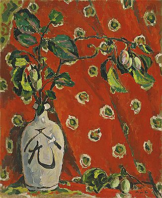 Conrad Meili : STILL LIFE WITH A FRUIT TREE BRANCH IN GRAY BOTTLE ON RED BACKGROUND