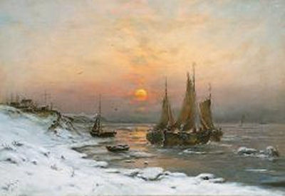 Georg Schmitz : Winterliche Küste mit Fischerbooten