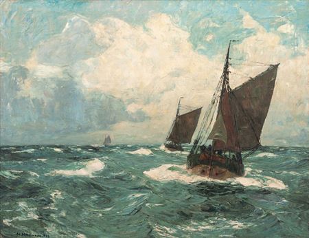 Eduard Schloemann : Fishing Boats in choppy Sea