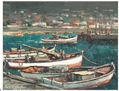 George William Pilkington : A Harbour Scene with Boats and Fishermen