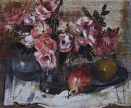 Irmin Henkel : Still Life with Pink Roses and Pomegranates