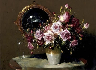 Hennie Griesel : STILL LIFE WITH PINK ROSES AND A MIRROR