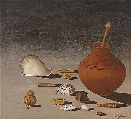 Simon Moroke Lekgetho : STILL LIFE WITH CLAY POT AND CEREMONIAL OBJECTS