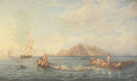 Frederik Christian Thoming : FISHERMEN HAULING IN THEIR CATCH OFF CAPRI