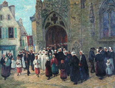 Léon Bellemont : Sortie de messe en Bretagne, Pont Croix