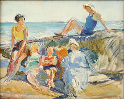 Mary Stuard Townsend Mason : FIVE LADIES ON MONHEGAN, MAINE BEACH