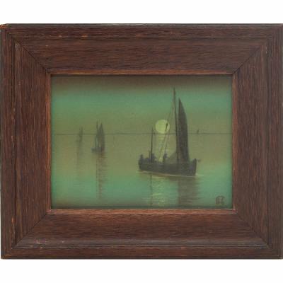 Sallie (Sara) Elizabeth Coyne : Rookwood plaque, having a rare Green Vellum glaze with a nicely painted scene of sailboats in moonlight