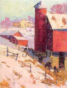 George Herbert Baker : Red Barn in Winter