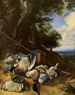 Pieter Boel : NATURE MORTE AUX COLVERTS, PERDREAUX RAMIERS ET LIÈVRE