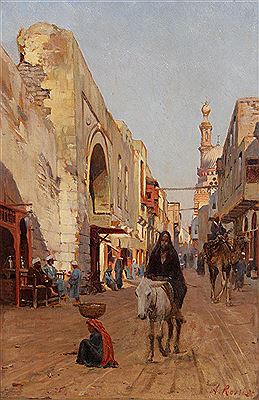 Alberto Rossi : PROMENEURS DANS UNE RUE au CAIRE, 1894