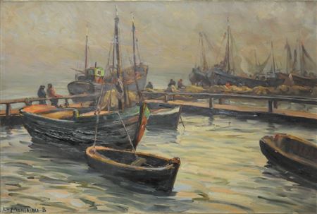 Louis Montaigu : ``Le Crotoy``, fishing boats & moorings