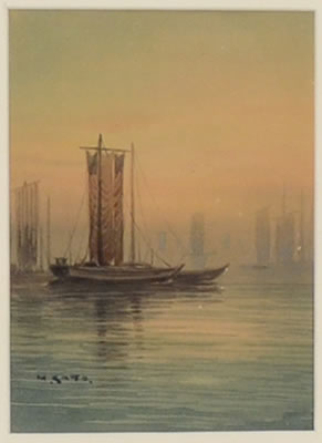 Kentaro Kato : 'Boats in a Harbor With a Luminous Sunset' (Possibly Yokohama)