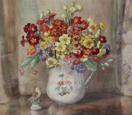 Dorcie Sykes : Still life of Polyanthus in a jug beside a porcelain model of a bird