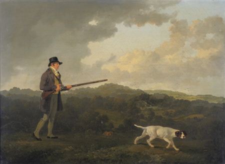 Julius Caesar Ibbetson : 'W Danby Esq of Swinton, Yorkshire', standing holding a gun, a pointer nearby