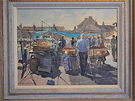 Gillian Roberts : Sunlit market place with figures