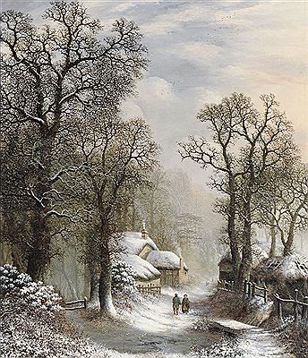 Charles Leaver : Cottages and figures on a wintery forest lane