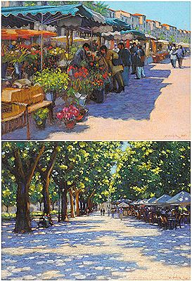 John Mackie : ``Saturday Morning Market, Pezanas`` ``Late Afternoon Light, Montpellier``  (2)