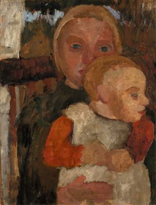 Paula (Modersohn) Becker : „Auf einem Stuhl sitzendes Mädchen mit Kind auf dem Schoß vor Landschaft'