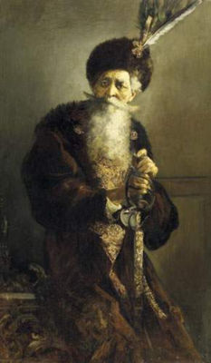 Wilhelm Heinrich Schneider : Portrait of a russian prince with feathers in his fur-hat and richly decorated sword