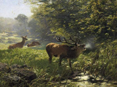 Christian Johann Kroner : Forest in the summer with red deer