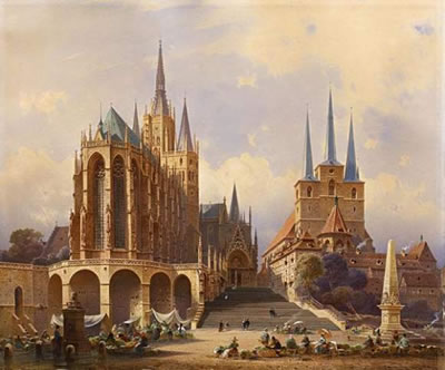 Friedrich Eibner : The cathedral square with Severi church in Erfurt