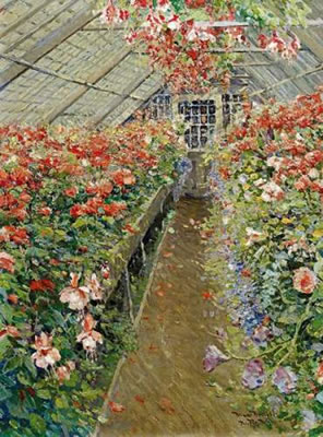 Max Kuchel : Blossoming geranium and begonias in a greenhaus