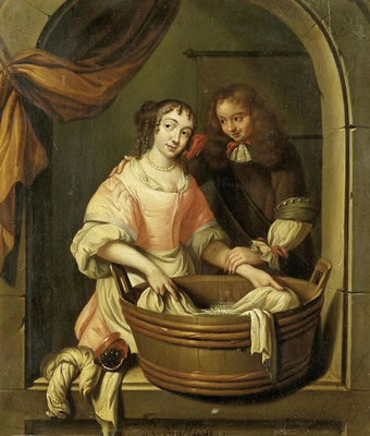 Reynier De La Haye : A couple and a washing trough in a window niche