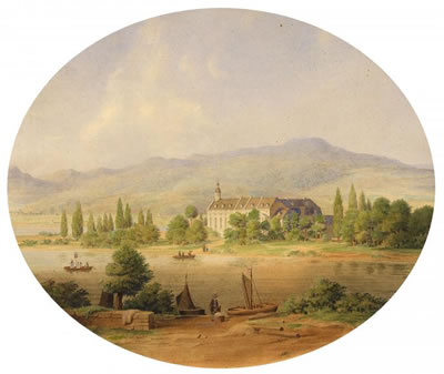 Adolf Wegelin : Two watercolours.Abbey Nonnenwerth by the Rhine