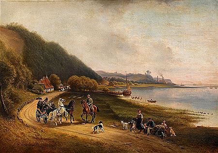 Wilhelm Alexander Meyerheim : Portrait of the Stettin Manufacturing Family Johannes von Quistorp at the Stettin Lagoon. In the Background the Family's Cement Works.