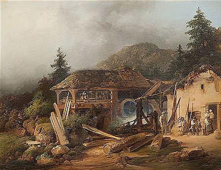 Joseph Navratil : Countryside with mountain´s saw mill