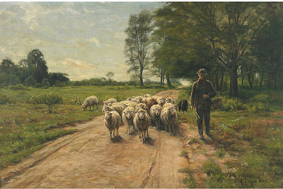 Alfred Bryan Wall : FARMER LEADING HIS FLOCK ON A SUNLIT LANE