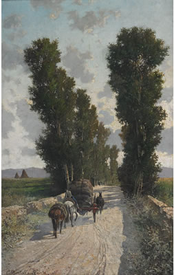 Cesare Bertolla : HORSES HAULING A LOADED CART OUTSIDE ROME