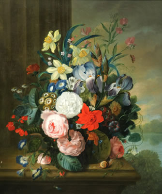 James Sillett : Still Life of Flowers on a Marble Ledge