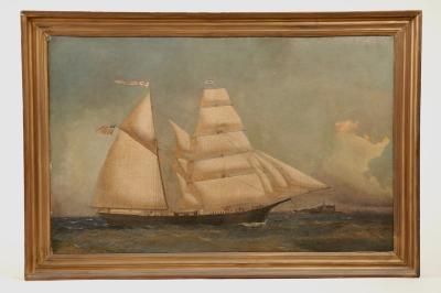 Carl Olsen : Two-masted Brig flying an American flag and ship's colors 'Lizzie M. Merrill' of Richmond, Maine