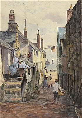 John Clarke Isaac Uren : Washday-street scene with a glimpse of the harbour St Ives