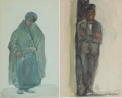 Michael Healy : DUBLINERS - OLD WOMAN IN SHAWL and MAN IN A CAP LEANING IN A DOORWAY (A PAIR)