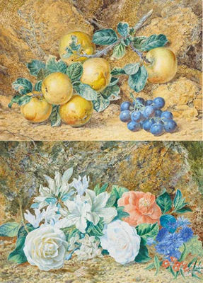 Thomas Frederick Collier : STILL LIFE WITH ROSE AND LILY, 1876 and APPLES AND ORANGES, 1879 (A PAIR)