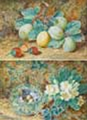 Thomas Frederick Collier : STILL LIFE WITH PLUMS AND STRAWBERRIES, 1880 and BIRDS NEST WITH PRIMROSES, 1880 (A PAIR)