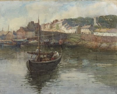 Kate (Wise) Dobbin : FIGURES IN A BOAT IN ROUNDSTONE HARBOUR, c.1909-1914